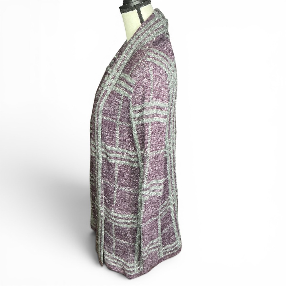 Simply Styled Purple Plaid Cardigan Women Small Metallic Open Front Knit Sweater - Picture 6 of 16